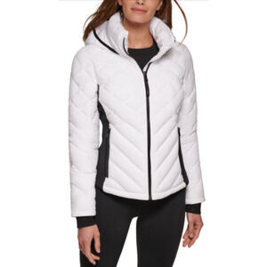 Calvin Klein white quilted hooded puffer jacket with black side panels small 4-8